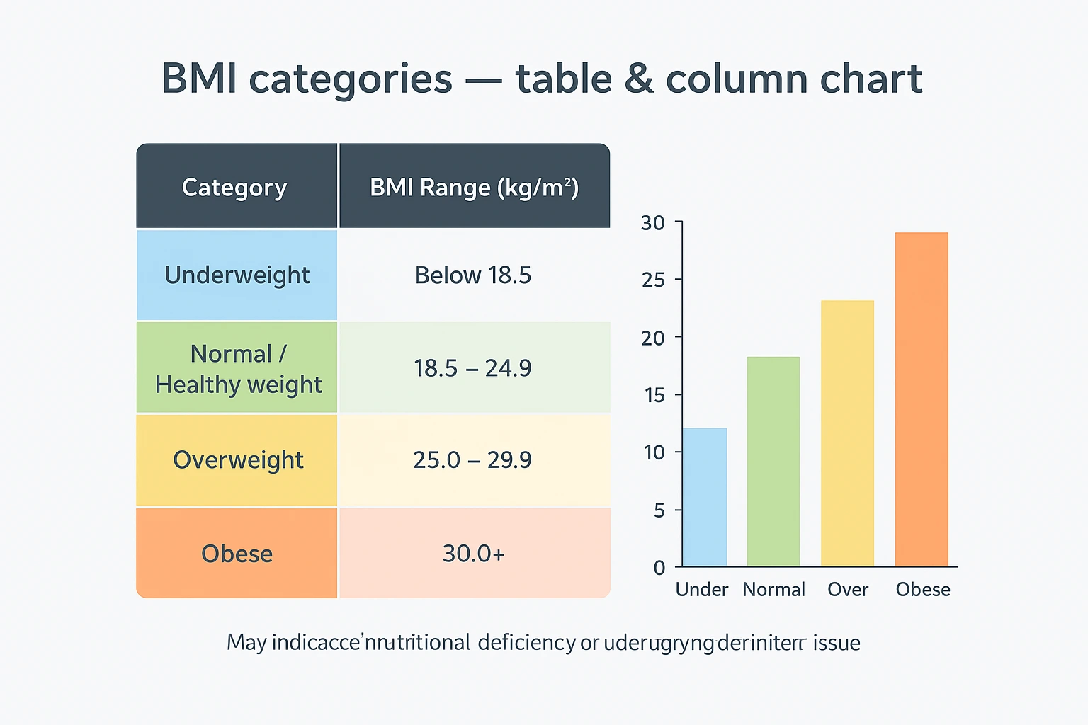 A table and column chart showing BMI (Body Mass Index) categories with their corresponding ranges. The table lists four categories: Underweight (Below 18.5 kg/m²), Normal/Healthy weight (18.5–24.9 kg/m²), Overweight (25.0–29.9 kg/m²), and Obese (30.0+ kg/m²). Below the table, a simple column chart visually represents these categories with labels: 'Under,' 'Normal,' 'Over,' and 'Obese.' A note mentions potential institutional deficiencies or underlying health issues for underweight individuals.