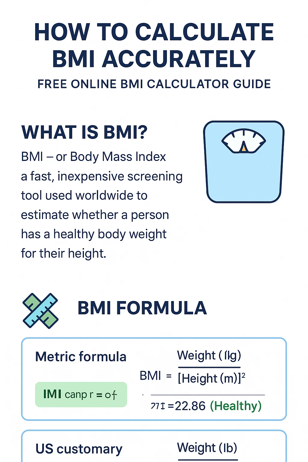 A guide titled 'HOW TO CALCULATE BMI ACCURATELY' with a header 'FREE ONLINE BMI CALCULATOR GUIDE'. The image explains BMI (Body Mass Index) as a screening tool for healthy weight. It includes the metric BMI formula: BMI = Weight (kg) / [Height (m)]², followed by an example calculation (71 kg / 1.75 m² = 22.86, classified as Healthy). A section for the US customary formula (using pounds and inches) is partially visible.